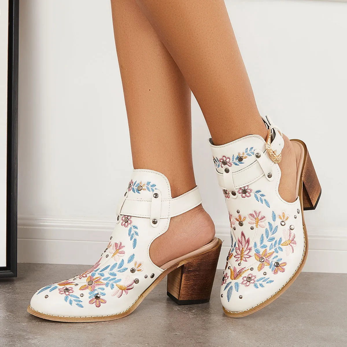 Sohiwoo Women Cutout Embroidered Chunky Heels Ankle Strap Slingback Sandals