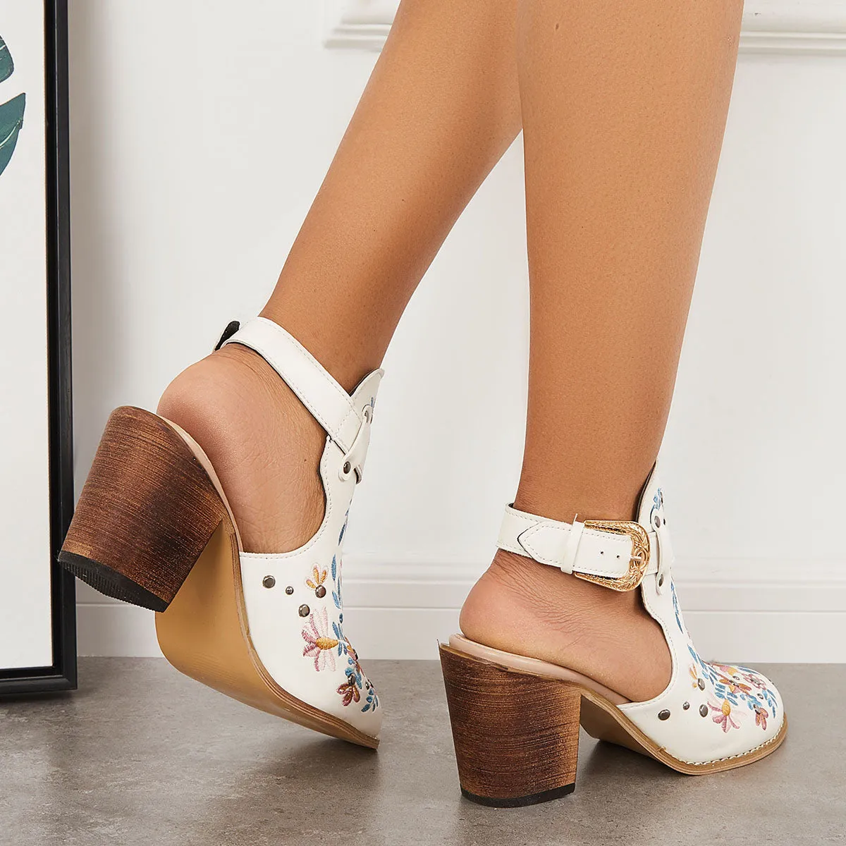 Sohiwoo Women Cutout Embroidered Chunky Heels Ankle Strap Slingback Sandals