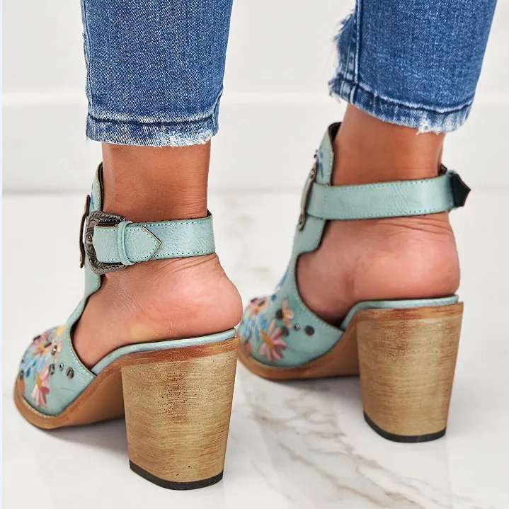 Sohiwoo Women Cutout Embroidered Chunky Heels Ankle Strap Slingback Sandals