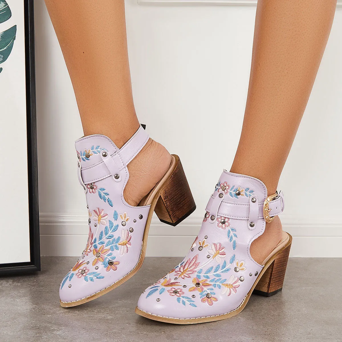 Sohiwoo Women Cutout Embroidered Chunky Heels Ankle Strap Slingback Sandals