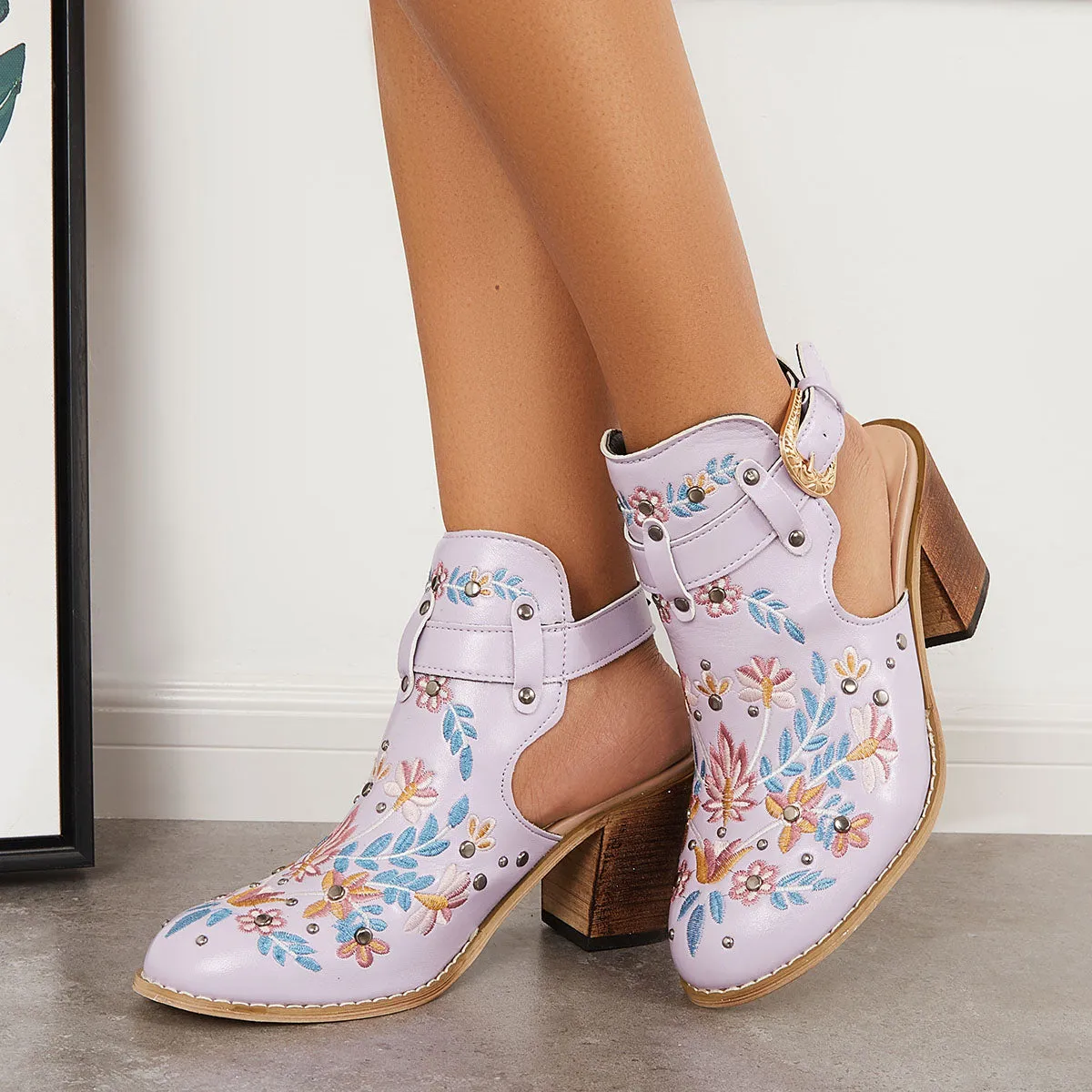 Sohiwoo Women Cutout Embroidered Chunky Heels Ankle Strap Slingback Sandals