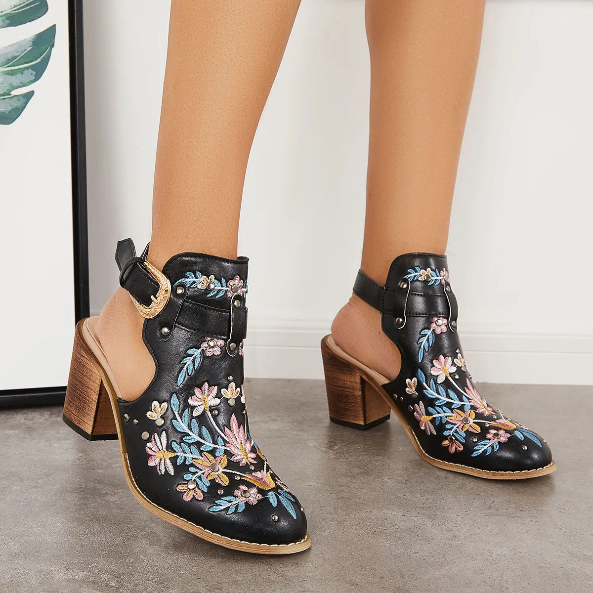 Sohiwoo Women Cutout Embroidered Chunky Heels Ankle Strap Slingback Sandals