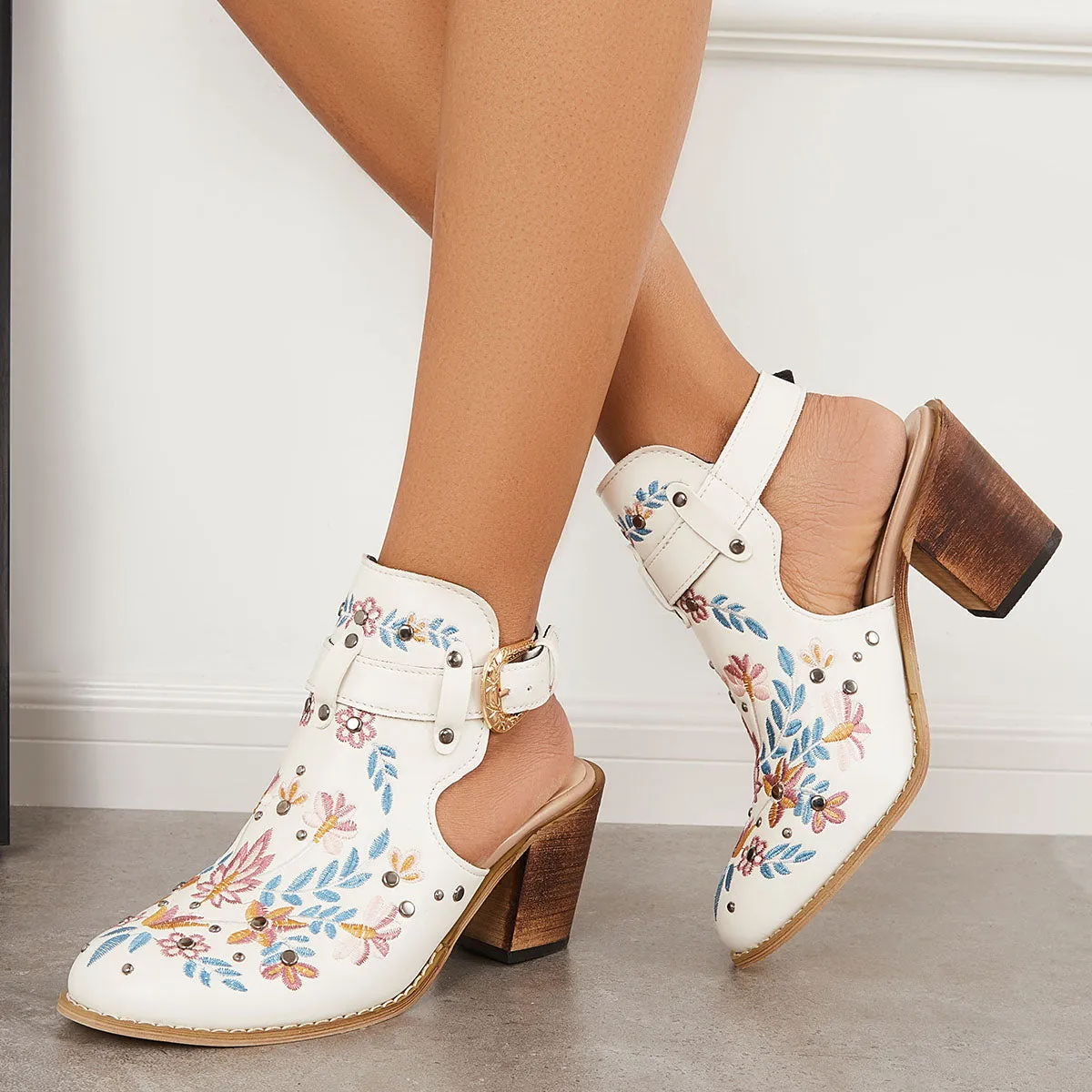 Sohiwoo Women Cutout Embroidered Chunky Heels Ankle Strap Slingback Sandals