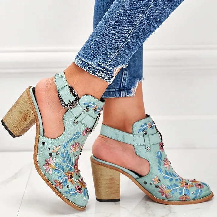 Sohiwoo Women Cutout Embroidered Chunky Heels Ankle Strap Slingback Sandals