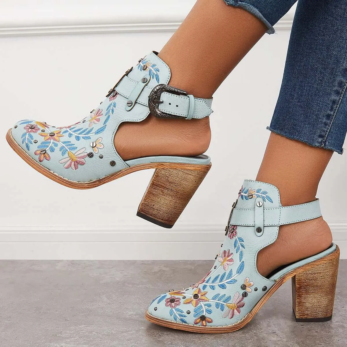 Sohiwoo Women Cutout Embroidered Chunky Heels Ankle Strap Slingback Sandals