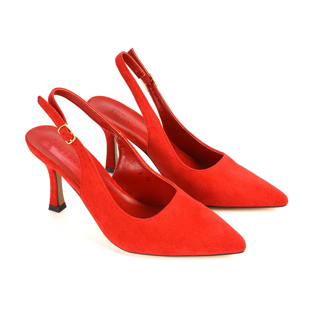 Valerie Stiletto High Heel Closed Toe Slingback Court Shoes in Red Faux Suede