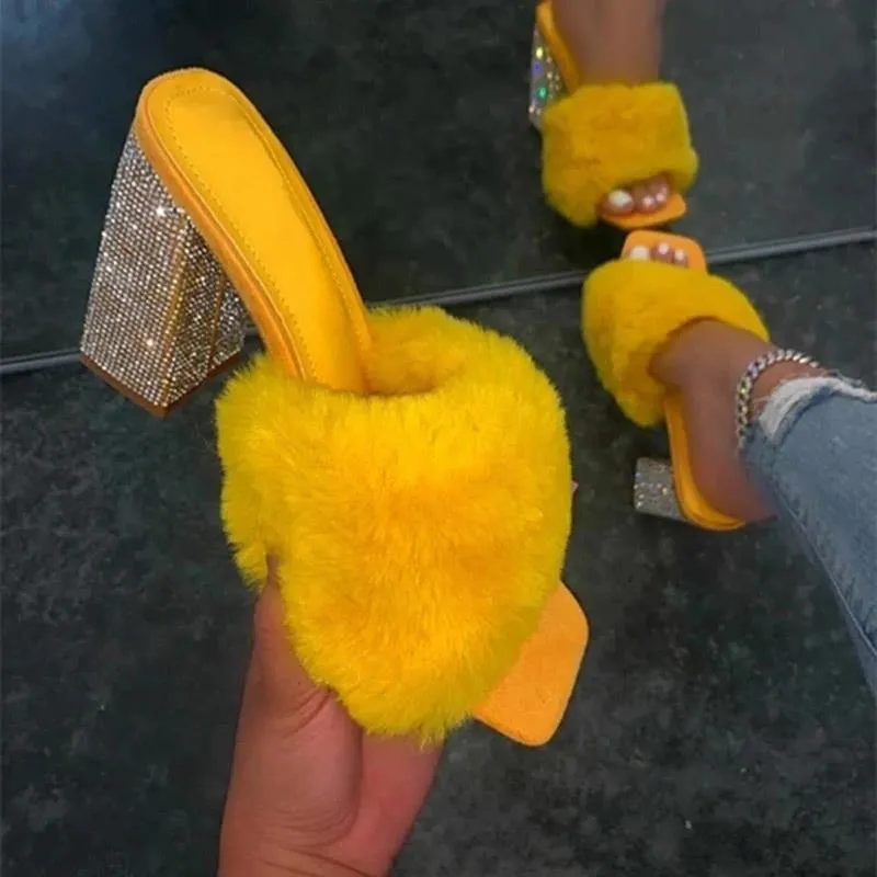 Women rhinestone chunky slipper square peep toe fur heels