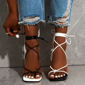 Women stiletto square toe black white criss cross strappy lace up heels