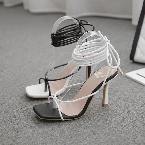 Women stiletto square toe black white criss cross strappy lace up heels
