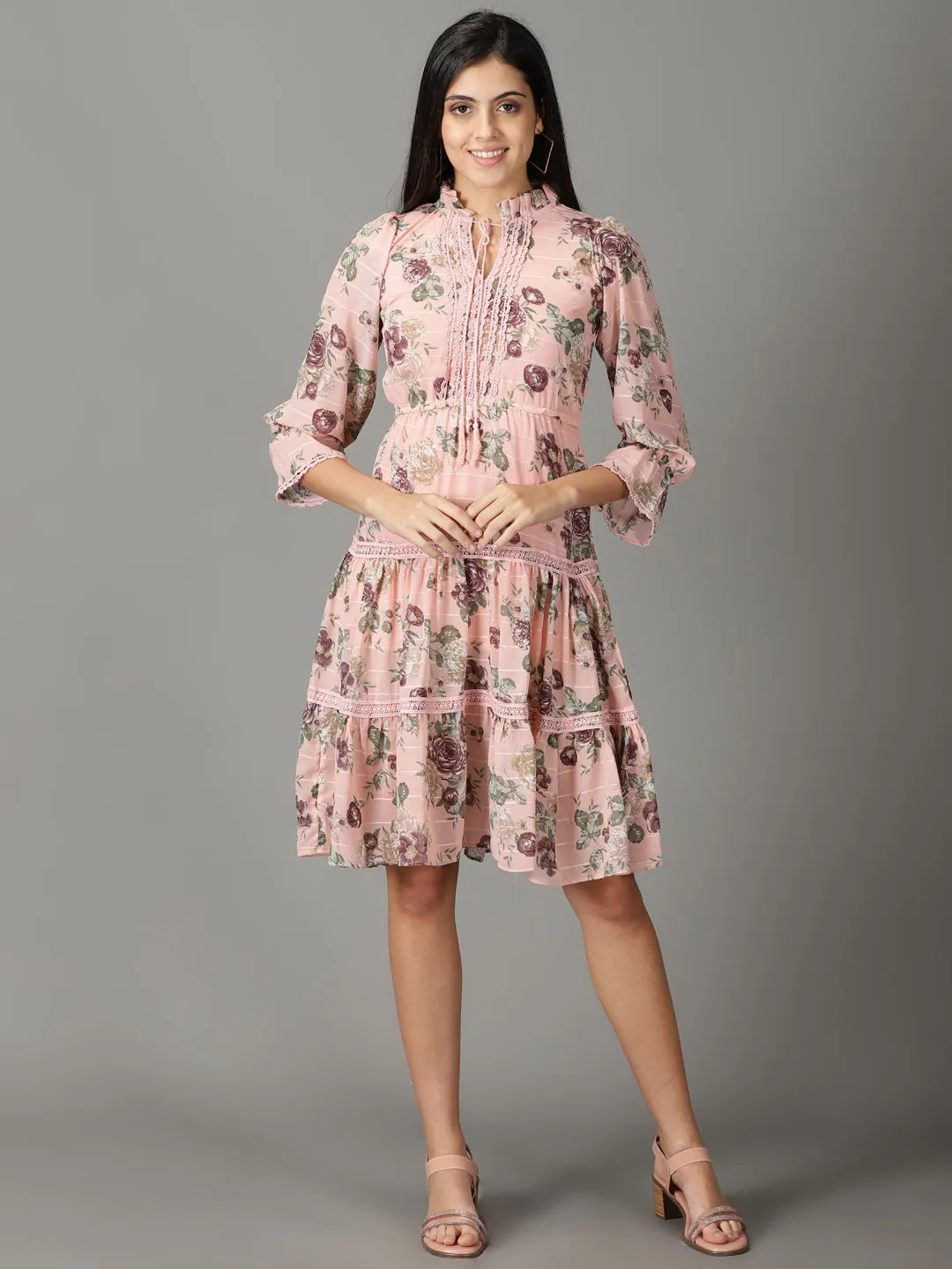 Women's Peach Printed Fit and Flare Dress