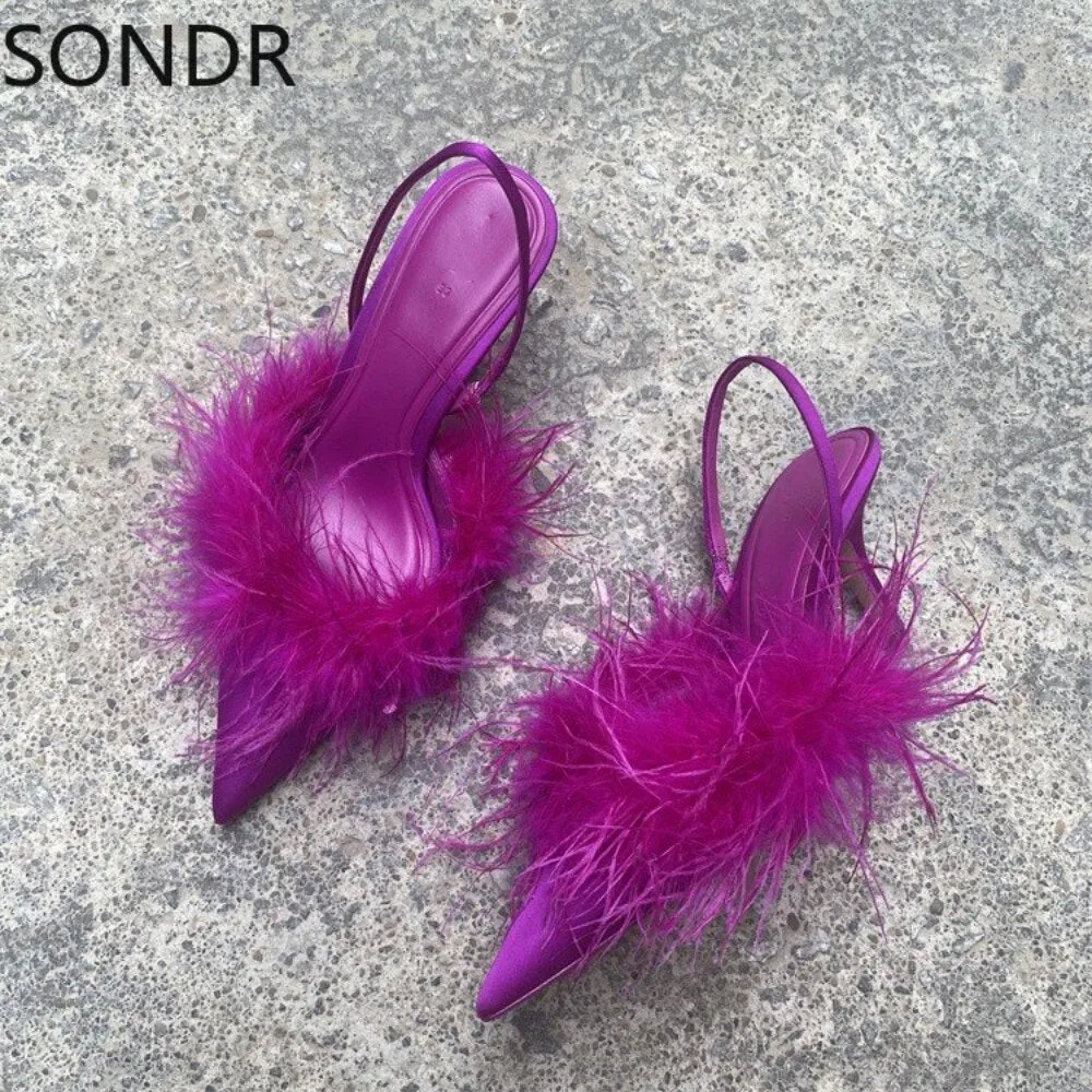 Womens Pointed Toe Faux Fur Feather Stilettos High Heel Slingbacks Sandals Shoes Summer Sexy Rose New 2023