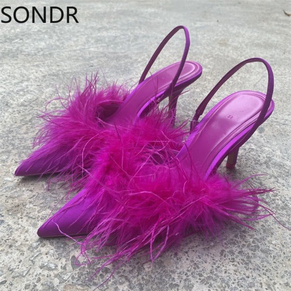 Womens Pointed Toe Faux Fur Feather Stilettos High Heel Slingbacks Sandals Shoes Summer Sexy Rose New 2023