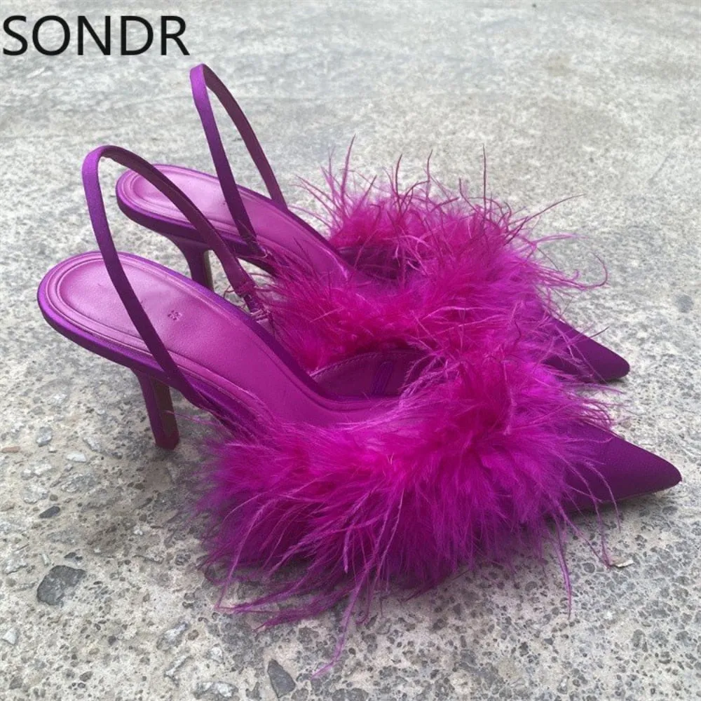 Womens Pointed Toe Faux Fur Feather Stilettos High Heel Slingbacks Sandals Shoes Summer Sexy Rose New 2023