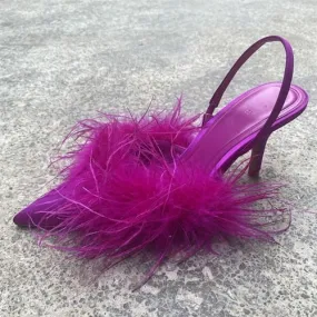 Womens Pointed Toe Faux Fur Feather Stilettos High Heel Slingbacks Sandals Shoes Summer Sexy Rose New 2023