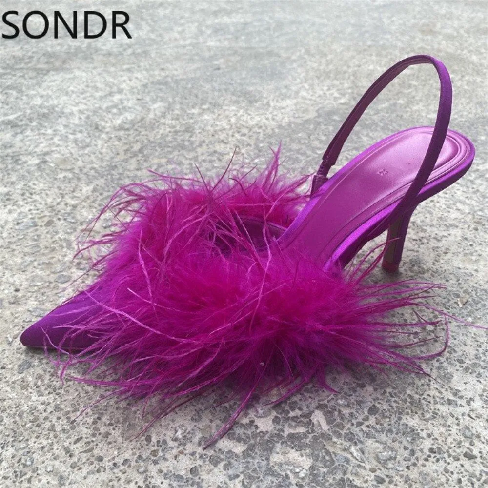 Womens Pointed Toe Faux Fur Feather Stilettos High Heel Slingbacks Sandals Shoes Summer Sexy Rose New 2023