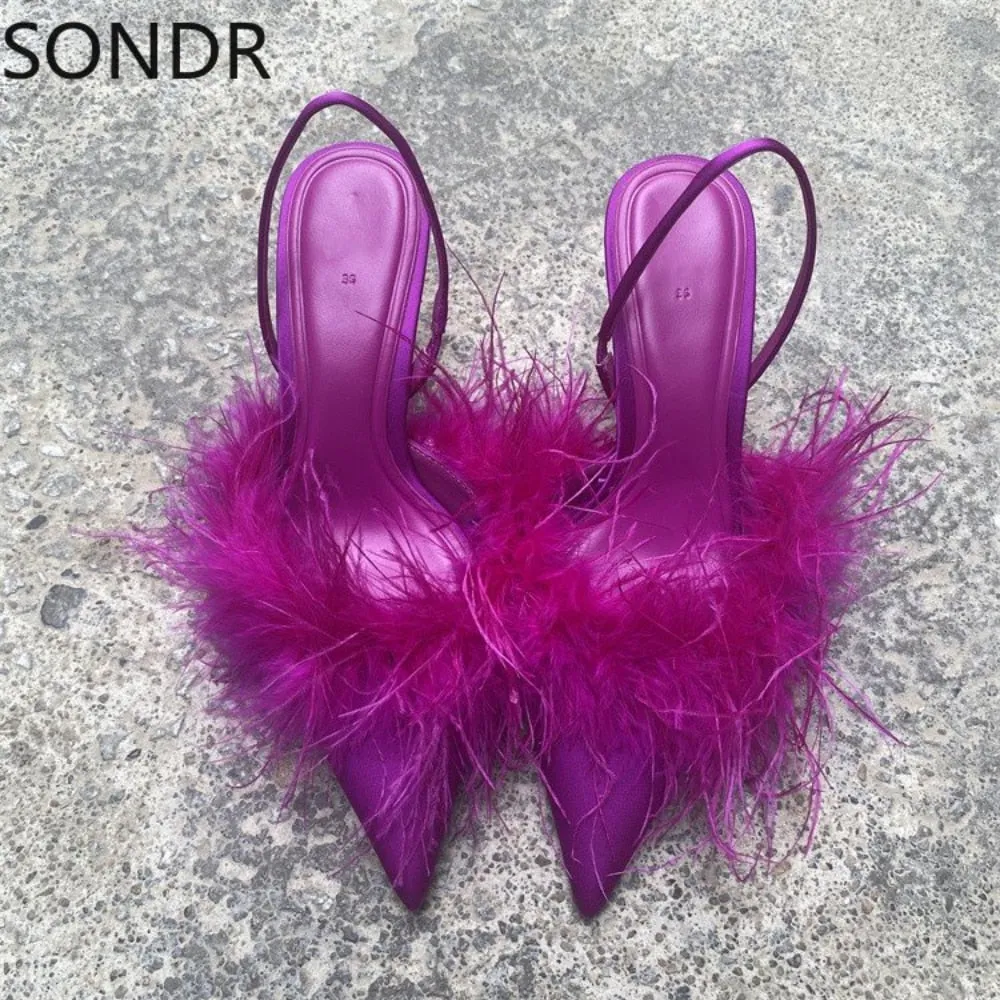 Womens Pointed Toe Faux Fur Feather Stilettos High Heel Slingbacks Sandals Shoes Summer Sexy Rose New 2023