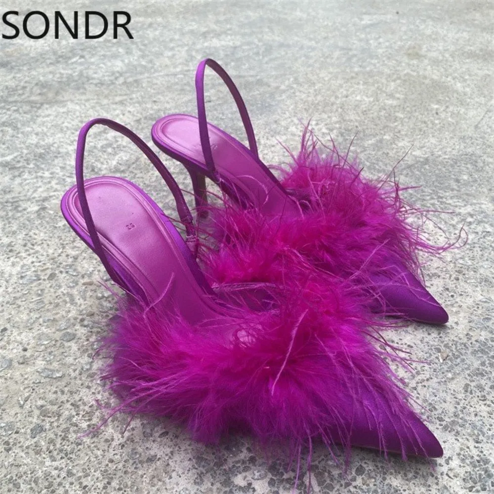 Womens Pointed Toe Faux Fur Feather Stilettos High Heel Slingbacks Sandals Shoes Summer Sexy Rose New 2023